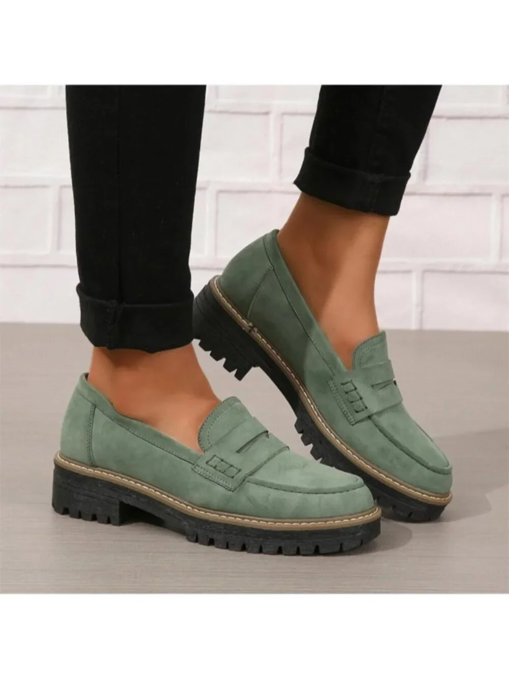Womens Green Suede Lug Sole Slip On Business Chunky Platform Penny Loafers Shoes